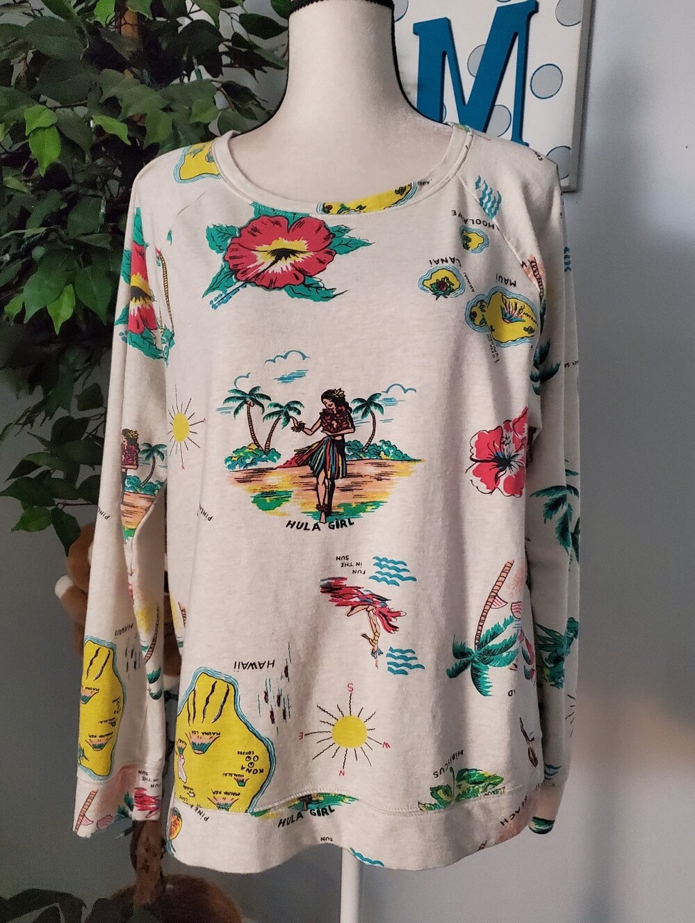 AERIE Hawaiian Hula Girl Hibiscus French Terry Long Sleeve L